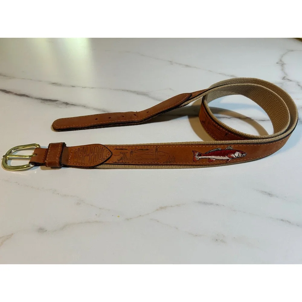 Zep-Pro Mens Fishing Belt Leather Canvas Redfish Embroidered USA Made Size 40